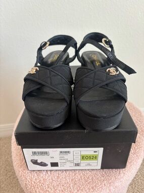 CHANEL Black Quilted Platform Sandals with Gold CC Hardware